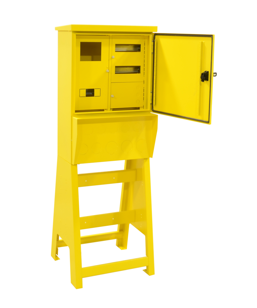 50x150x27 cm Harici Ayaklı Etanj Şantiye Panosu 1 Tri. Sayaç + 4 Tri. + 6 Mon. Priz Çıkışlı + Sigorta + Pako + Kompakt ve Kofra Yeri Mevcut